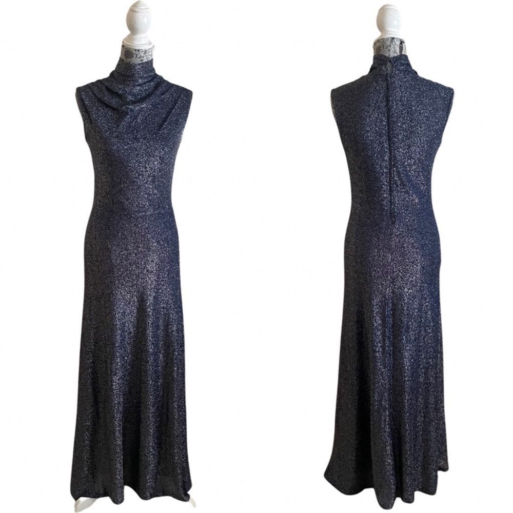 Vintage 1970s Sparkly Draped Mock Neck Maxi Dress Navy Blue